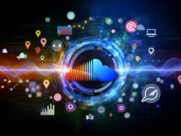 Stilisierter SoundCloud-Player mit abstrahierter Audiowelle, schwebenden Werbebannern und Datenströmen, kombiniert mit Marketing- und Tech-Icons auf dunklem, blauem Hintergrund.