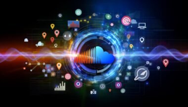 Stilisierter SoundCloud-Player mit abstrahierter Audiowelle, schwebenden Werbebannern und Datenströmen, kombiniert mit Marketing- und Tech-Icons auf dunklem, blauem Hintergrund.