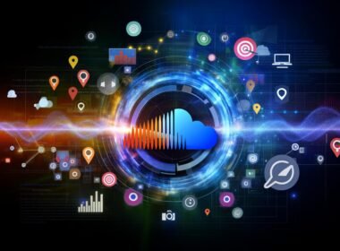 Stilisierter SoundCloud-Player mit abstrahierter Audiowelle, schwebenden Werbebannern und Datenströmen, kombiniert mit Marketing- und Tech-Icons auf dunklem, blauem Hintergrund.