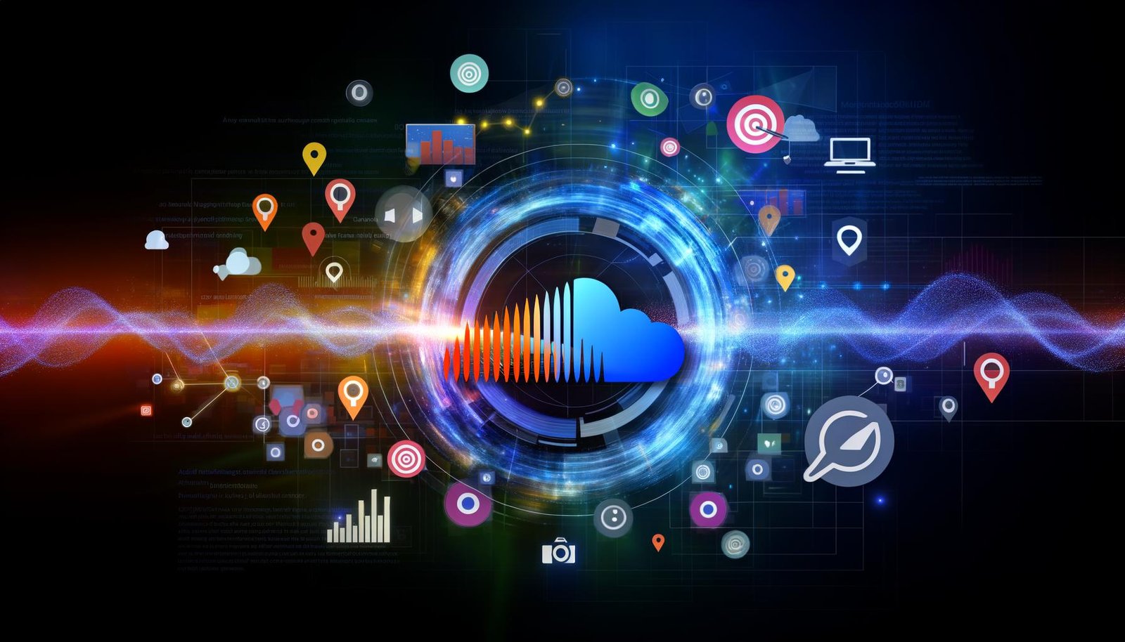 Stilisierter SoundCloud-Player mit abstrahierter Audiowelle, schwebenden Werbebannern und Datenströmen, kombiniert mit Marketing- und Tech-Icons auf dunklem, blauem Hintergrund.