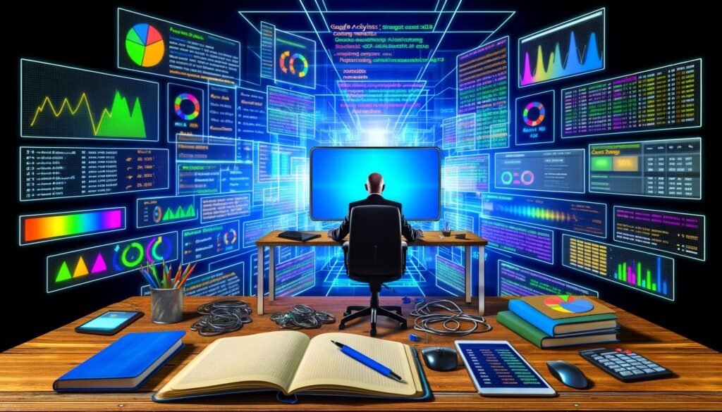Content-Experte an ultrabreitem Bildschirm, umgeben von Analytics-Dashboards, Notizbüchern mit Datencharts und digitalen Tools, eingebettet in ein technoides, vernetztes Redaktionsumfeld.