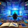 Content-Experte an ultrabreitem Bildschirm, umgeben von Analytics-Dashboards, Notizbüchern mit Datencharts und digitalen Tools, eingebettet in ein technoides, vernetztes Redaktionsumfeld.