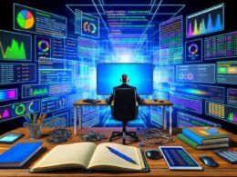Content-Experte an ultrabreitem Bildschirm, umgeben von Analytics-Dashboards, Notizbüchern mit Datencharts und digitalen Tools, eingebettet in ein technoides, vernetztes Redaktionsumfeld.