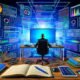 Content-Experte an ultrabreitem Bildschirm, umgeben von Analytics-Dashboards, Notizbüchern mit Datencharts und digitalen Tools, eingebettet in ein technoides, vernetztes Redaktionsumfeld.