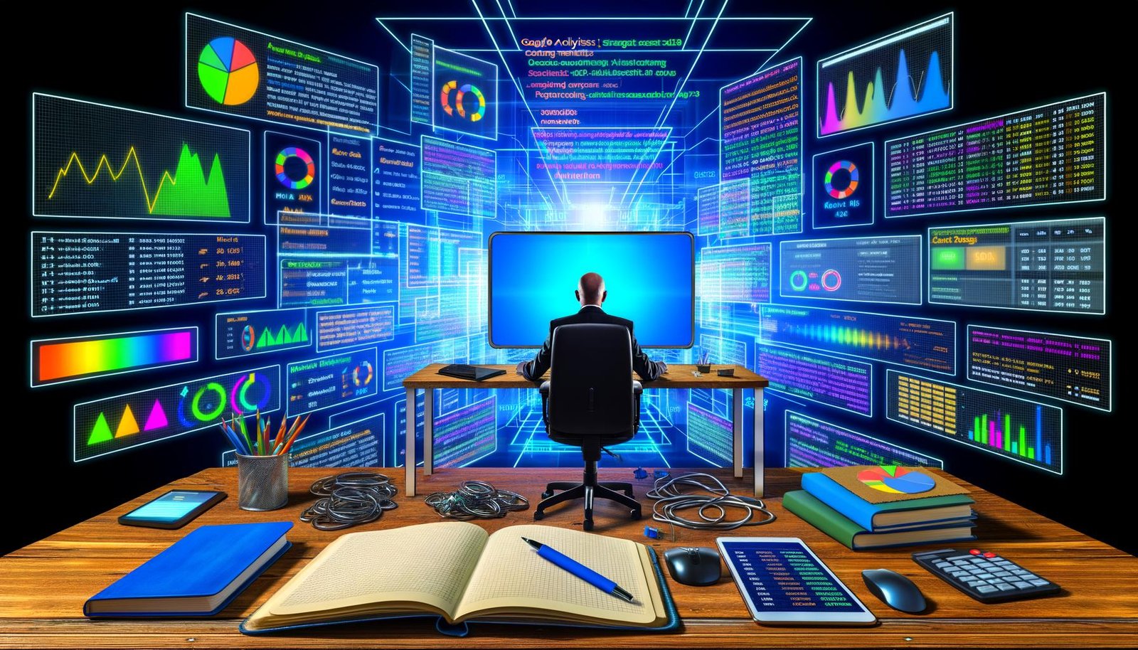 Content-Experte an ultrabreitem Bildschirm, umgeben von Analytics-Dashboards, Notizbüchern mit Datencharts und digitalen Tools, eingebettet in ein technoides, vernetztes Redaktionsumfeld.