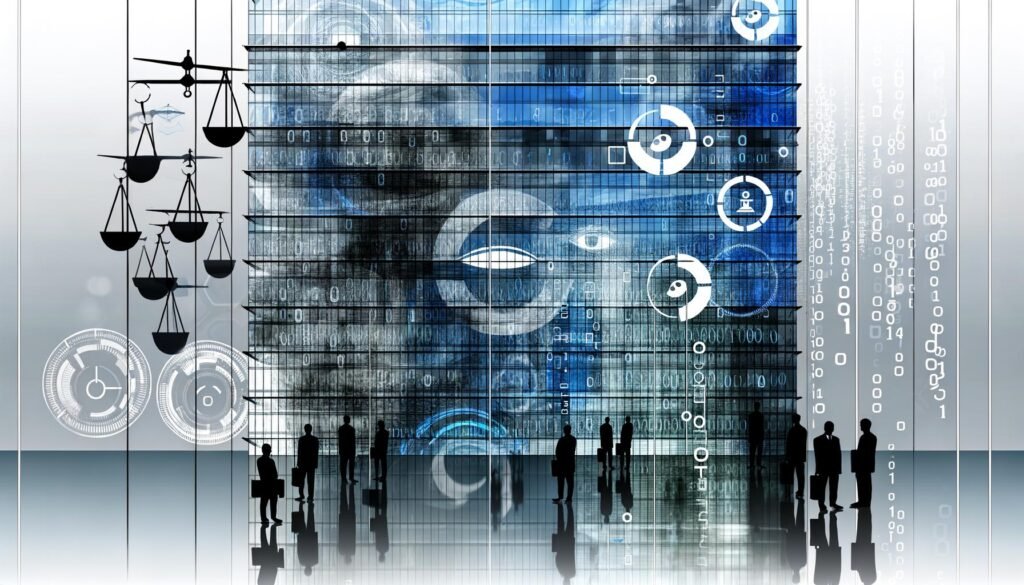 Abstrakte Illustration eines modernen Hochhauses mit digitaler Glasfassade, reflektierten Menschensilhouetten und schwebenden Symbolen für Algorithmen, Ethik und Kontrolle vor kühler, seriöser Farbkulisse.