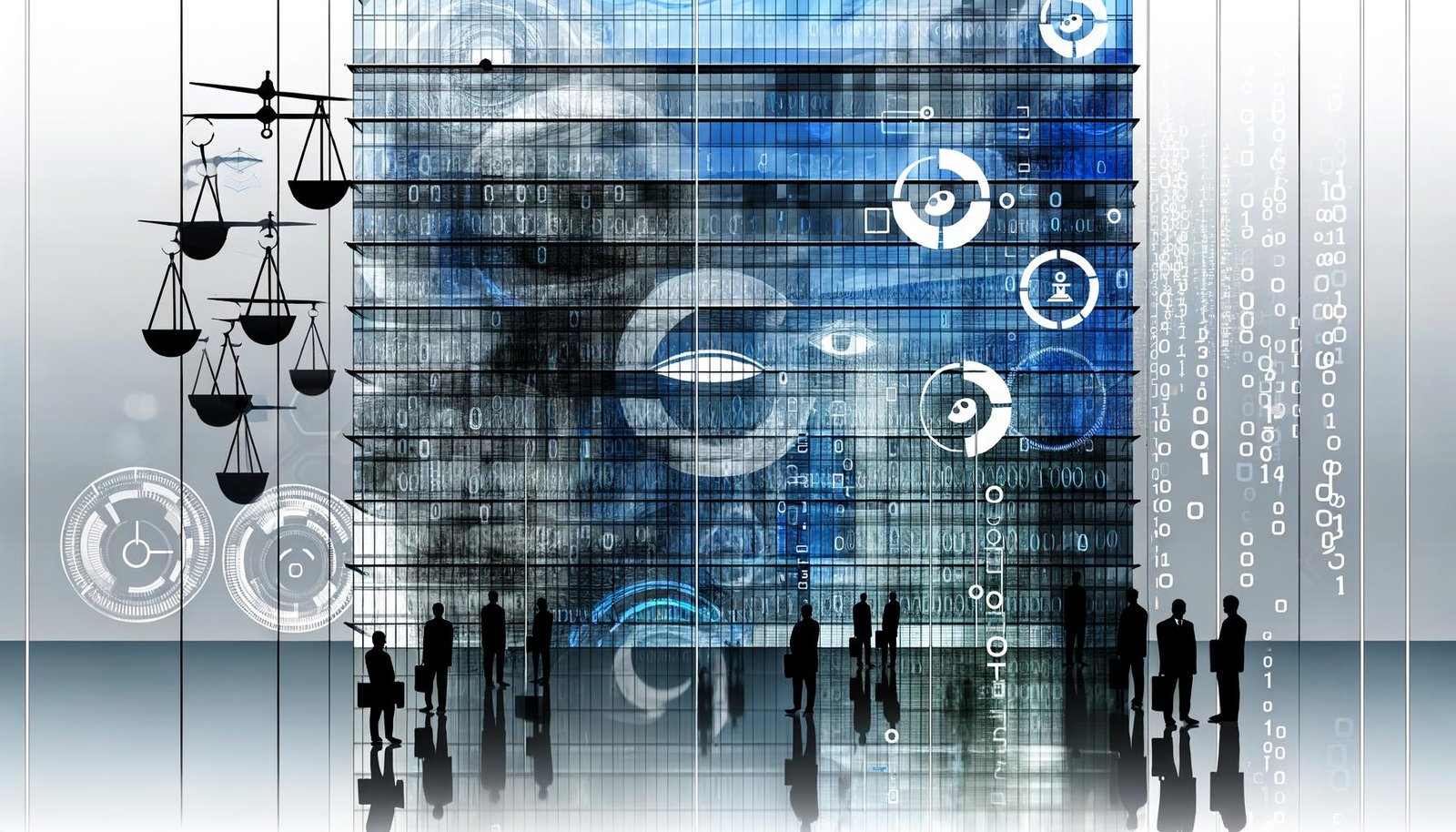 Abstrakte Illustration eines modernen Hochhauses mit digitaler Glasfassade, reflektierten Menschensilhouetten und schwebenden Symbolen für Algorithmen, Ethik und Kontrolle vor kühler, seriöser Farbkulisse.