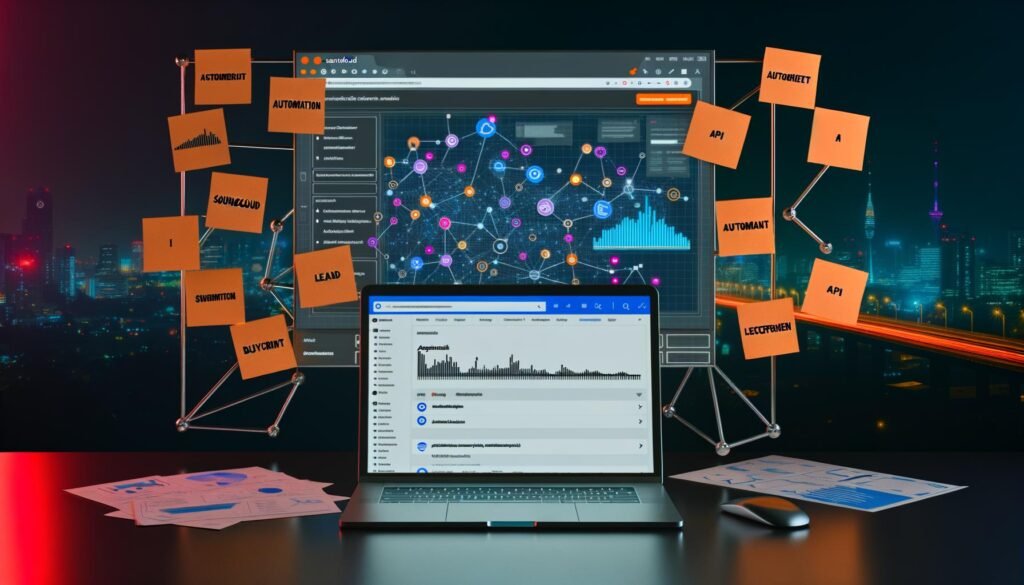 Moderner digitaler Nachtschreibtisch mit aufgeklapptem Laptop mit Soundcloud, Analyse-Dashboard auf zweitem Monitor, Notizen zu Automation, Blueprint, Lead-Funnel und Großstadtlichtern im Hintergrund
