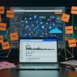 Moderner digitaler Nachtschreibtisch mit aufgeklapptem Laptop mit Soundcloud, Analyse-Dashboard auf zweitem Monitor, Notizen zu Automation, Blueprint, Lead-Funnel und Großstadtlichtern im Hintergrund