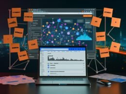 Moderner digitaler Nachtschreibtisch mit aufgeklapptem Laptop mit Soundcloud, Analyse-Dashboard auf zweitem Monitor, Notizen zu Automation, Blueprint, Lead-Funnel und Großstadtlichtern im Hintergrund