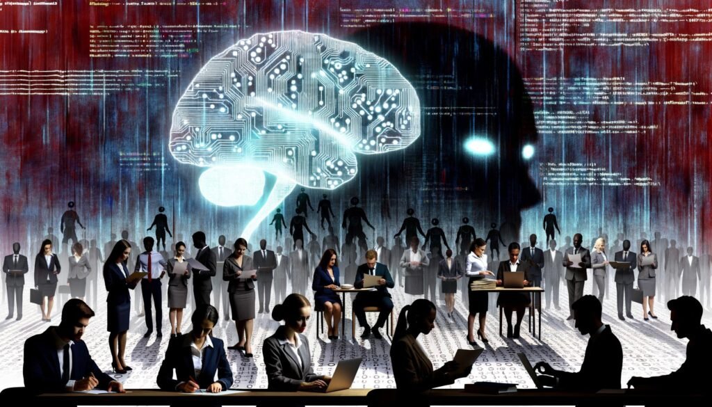 Stilisierte Darstellung von diversen Fachleuten um ein leuchtendes, digitales Gehirn aus Schaltkreisen, das über einem Tisch mit Unterlagen zu Ethik, Technologie und Regulierung schwebt. Im Hintergrund angedeutete KI-Algorithmen als Schattenfiguren.