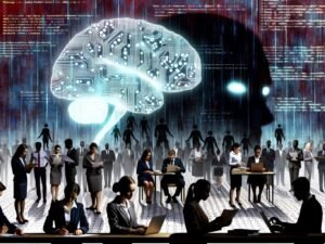 Stilisierte Darstellung von diversen Fachleuten um ein leuchtendes, digitales Gehirn aus Schaltkreisen, das über einem Tisch mit Unterlagen zu Ethik, Technologie und Regulierung schwebt. Im Hintergrund angedeutete KI-Algorithmen als Schattenfiguren.