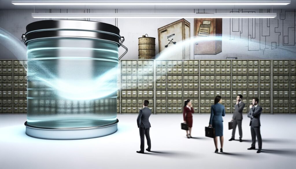 Transparenter Kanister voller leuchtender Datenströme als zentrale Skulptur in einem modernen Büro, umgeben von erstaunten Geschäftsleuten und verblassten, klassischen Aktenschränken im Hintergrund.