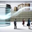 Transparenter Kanister voller leuchtender Datenströme als zentrale Skulptur in einem modernen Büro, umgeben von erstaunten Geschäftsleuten und verblassten, klassischen Aktenschränken im Hintergrund.