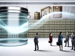 Transparenter Kanister voller leuchtender Datenströme als zentrale Skulptur in einem modernen Büro, umgeben von erstaunten Geschäftsleuten und verblassten, klassischen Aktenschränken im Hintergrund.