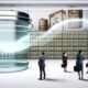 Transparenter Kanister voller leuchtender Datenströme als zentrale Skulptur in einem modernen Büro, umgeben von erstaunten Geschäftsleuten und verblassten, klassischen Aktenschränken im Hintergrund.