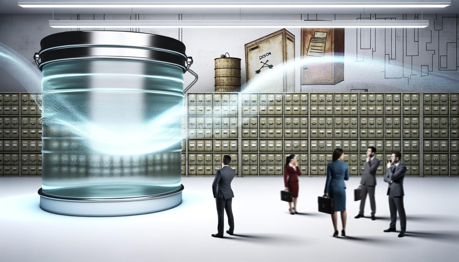 Transparenter Kanister voller leuchtender Datenströme als zentrale Skulptur in einem modernen Büro, umgeben von erstaunten Geschäftsleuten und verblassten, klassischen Aktenschränken im Hintergrund.