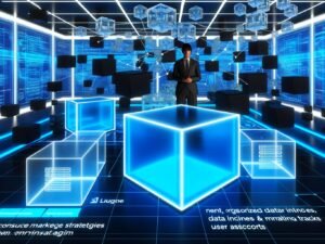 Stilisierter Kontrollraum mit Hologrammen und Datentafeln, zentrale Person analysiert offene Datenflüsse, Blackbox-Marketing wird transparent.