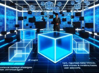 Stilisierter Kontrollraum mit Hologrammen und Datentafeln, zentrale Person analysiert offene Datenflüsse, Blackbox-Marketing wird transparent.
