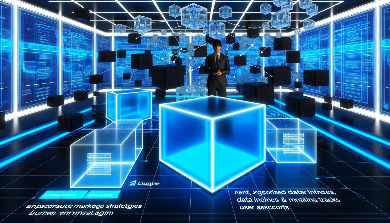 Stilisierter Kontrollraum mit Hologrammen und Datentafeln, zentrale Person analysiert offene Datenflüsse, Blackbox-Marketing wird transparent.