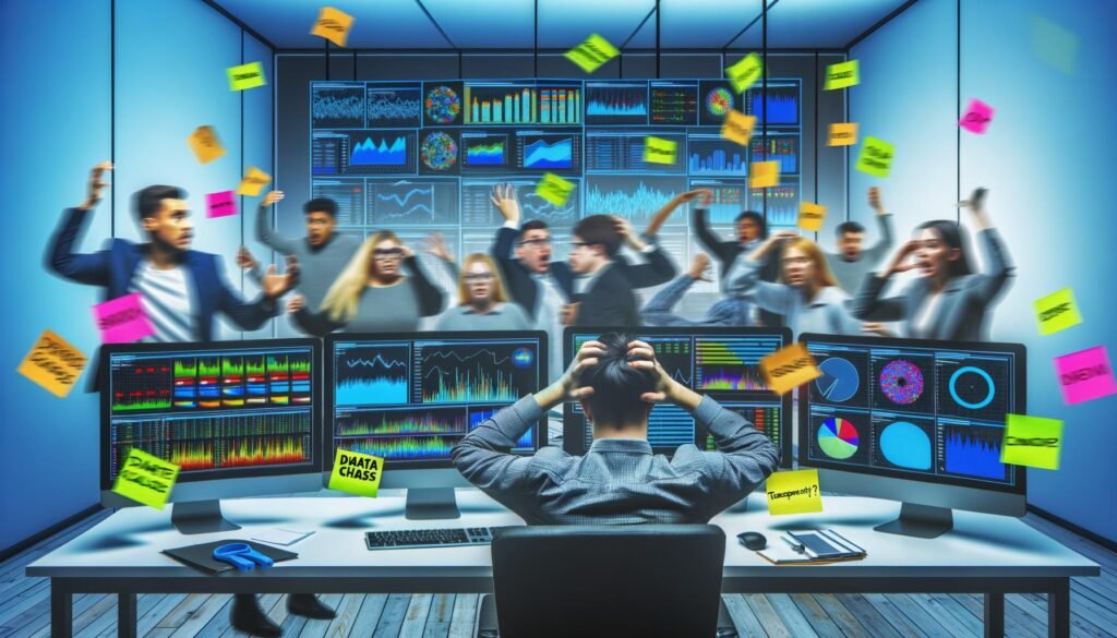 Überfordertes Marketing-Team im modernen Büro mit unübersichtlichen Daten-Dashboards, Whiteboards voller Post-Its und gestressten Mitarbeitern.
