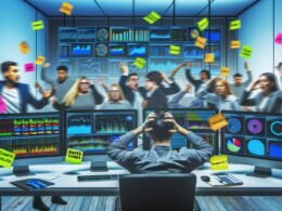 Überfordertes Marketing-Team im modernen Büro mit unübersichtlichen Daten-Dashboards, Whiteboards voller Post-Its und gestressten Mitarbeitern.