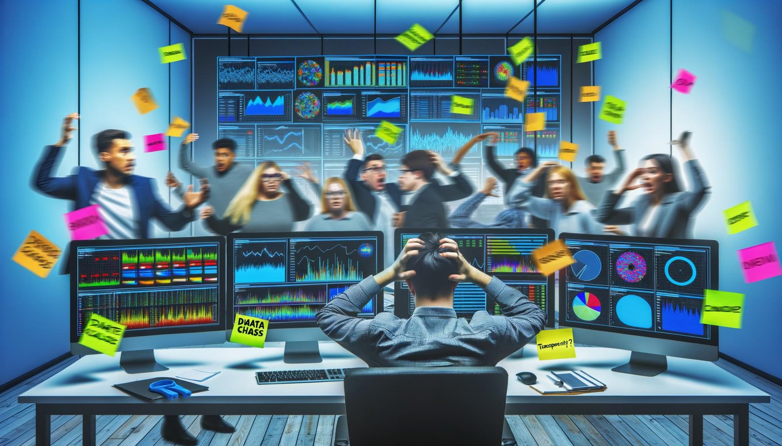 Überfordertes Marketing-Team im modernen Büro mit unübersichtlichen Daten-Dashboards, Whiteboards voller Post-Its und gestressten Mitarbeitern.