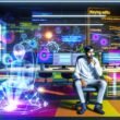 Redakteur mit KI-Assistent vor Bildschirmen voller SEO-Analysen, Diagramme und Entitäten-Grafiken im modernen Büro