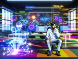 Redakteur mit KI-Assistent vor Bildschirmen voller SEO-Analysen, Diagramme und Entitäten-Grafiken im modernen Büro