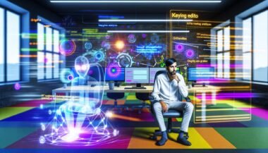 Redakteur mit KI-Assistent vor Bildschirmen voller SEO-Analysen, Diagramme und Entitäten-Grafiken im modernen Büro