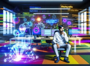 Redakteur mit KI-Assistent vor Bildschirmen voller SEO-Analysen, Diagramme und Entitäten-Grafiken im modernen Büro