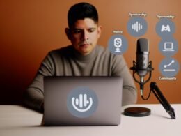 Podcast-Host am Mikrofon vor Laptop mit SoundCloud-Logo, stilvolles Studio in Orange und Grau, monetarisierungsbezogene Icons im Hintergrund.