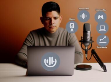 Podcast-Host am Mikrofon vor Laptop mit SoundCloud-Logo, stilvolles Studio in Orange und Grau, monetarisierungsbezogene Icons im Hintergrund.