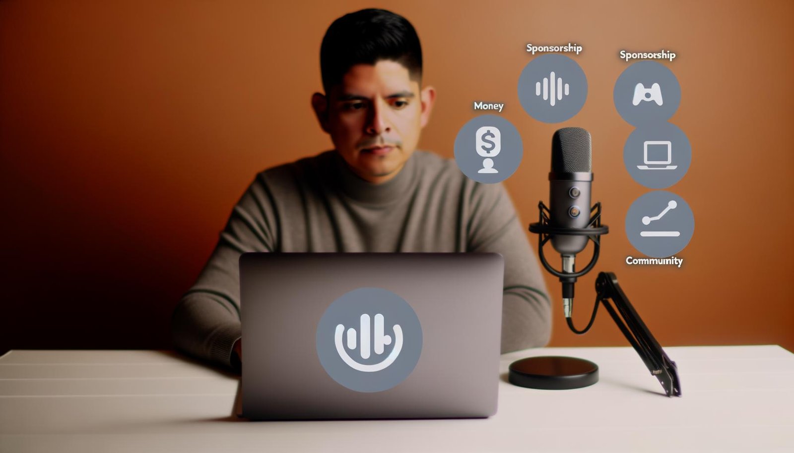 Podcast-Host am Mikrofon vor Laptop mit SoundCloud-Logo, stilvolles Studio in Orange und Grau, monetarisierungsbezogene Icons im Hintergrund.