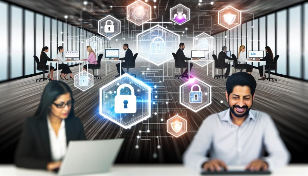 Hochmodernes Büro mit transparenten Bildschirmen, auf denen diverse Professionals gemeinsam Datenströme und Diagramme analysieren. Im Hintergrund verbinden digitale Linien Arbeitsplätze und Server. Leuchtende Schloss- und Schildsymbole unterstreichen Sicherheit und Effizienz.