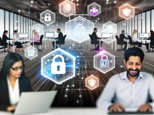Hochmodernes Büro mit transparenten Bildschirmen, auf denen diverse Professionals gemeinsam Datenströme und Diagramme analysieren. Im Hintergrund verbinden digitale Linien Arbeitsplätze und Server. Leuchtende Schloss- und Schildsymbole unterstreichen Sicherheit und Effizienz.
