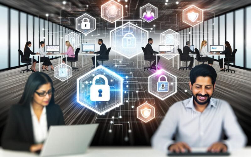 Hochmodernes Büro mit transparenten Bildschirmen, auf denen diverse Professionals gemeinsam Datenströme und Diagramme analysieren. Im Hintergrund verbinden digitale Linien Arbeitsplätze und Server. Leuchtende Schloss- und Schildsymbole unterstreichen Sicherheit und Effizienz.
