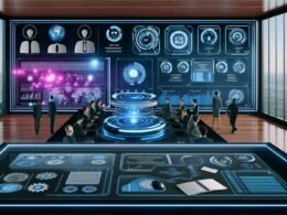 Futuristisches Großraumbüro mit riesigen Screens, leuchtenden Dashboards, digitalen Content-Flows und Menschen in moderner Businesskleidung, die Prozesse per Touchscreen steuern.