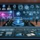 Futuristisches Großraumbüro mit riesigen Screens, leuchtenden Dashboards, digitalen Content-Flows und Menschen in moderner Businesskleidung, die Prozesse per Touchscreen steuern.