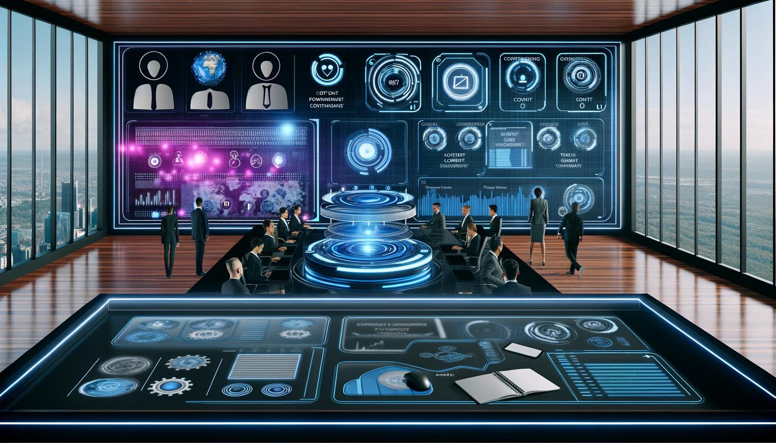 Futuristisches Großraumbüro mit riesigen Screens, leuchtenden Dashboards, digitalen Content-Flows und Menschen in moderner Businesskleidung, die Prozesse per Touchscreen steuern.
