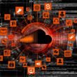 Digital verflochtener SoundCloud-Player in Orange und Schwarz, umgeben von Icons für Werbung, Sponsoring, Payment, APIs, Analytics und Podcast-Equipment vor pulsierenden Datenströmen.