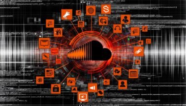 Digital verflochtener SoundCloud-Player in Orange und Schwarz, umgeben von Icons für Werbung, Sponsoring, Payment, APIs, Analytics und Podcast-Equipment vor pulsierenden Datenströmen.