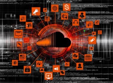 Digital verflochtener SoundCloud-Player in Orange und Schwarz, umgeben von Icons für Werbung, Sponsoring, Payment, APIs, Analytics und Podcast-Equipment vor pulsierenden Datenströmen.