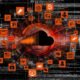 Digital verflochtener SoundCloud-Player in Orange und Schwarz, umgeben von Icons für Werbung, Sponsoring, Payment, APIs, Analytics und Podcast-Equipment vor pulsierenden Datenströmen.