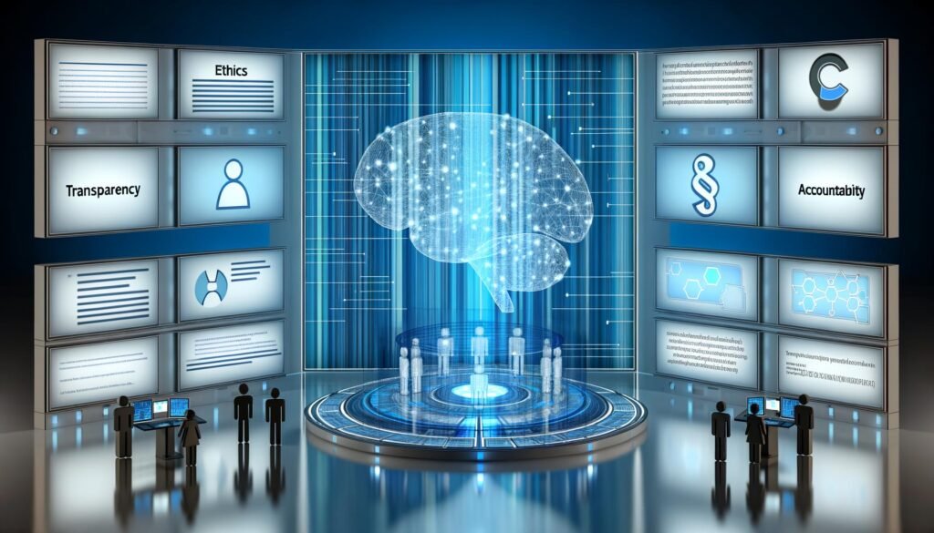 Futuristische Hochglanz-Illustration eines digitalen Kontrollraums mit neuronalen Netzwerken, Datenströmen, Schlagworten zu Ethik und Verantwortung, Operatoren an Bildschirmen und Compliance-Symbolen.