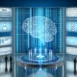 Futuristische Hochglanz-Illustration eines digitalen Kontrollraums mit neuronalen Netzwerken, Datenströmen, Schlagworten zu Ethik und Verantwortung, Operatoren an Bildschirmen und Compliance-Symbolen.