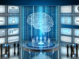 Futuristische Hochglanz-Illustration eines digitalen Kontrollraums mit neuronalen Netzwerken, Datenströmen, Schlagworten zu Ethik und Verantwortung, Operatoren an Bildschirmen und Compliance-Symbolen.