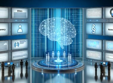 Futuristische Hochglanz-Illustration eines digitalen Kontrollraums mit neuronalen Netzwerken, Datenströmen, Schlagworten zu Ethik und Verantwortung, Operatoren an Bildschirmen und Compliance-Symbolen.