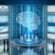 Futuristische Hochglanz-Illustration eines digitalen Kontrollraums mit neuronalen Netzwerken, Datenströmen, Schlagworten zu Ethik und Verantwortung, Operatoren an Bildschirmen und Compliance-Symbolen.
