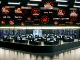 Modernes, dunkles Großraumbüro mit mehreren Arbeitsgruppen, leuchtenden Datenströmen und Kontrollzentrum sowie hervorgehobenen Datenbegriffen an unsichtbaren Trennwänden.